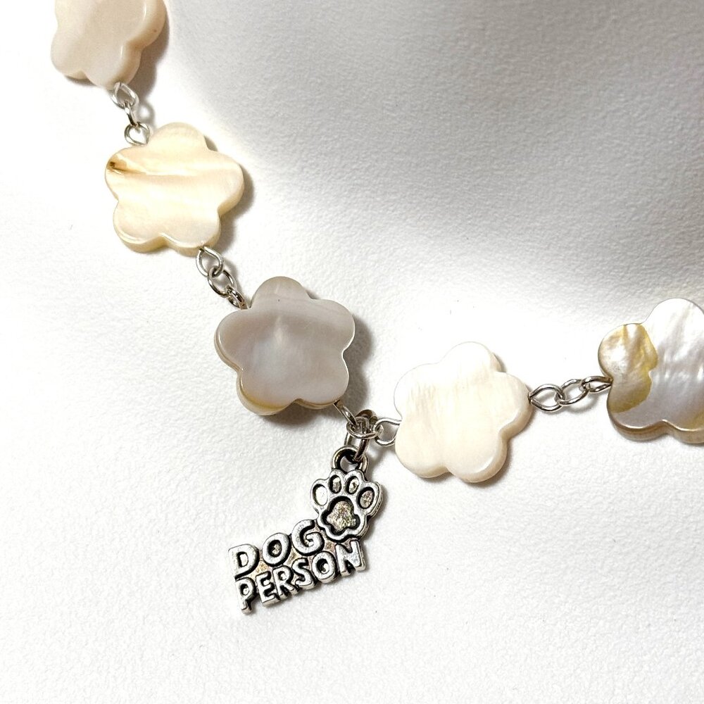 Mother of Pearl Flower Beaded Short Necklace + Dog Person Paw Print Pendant